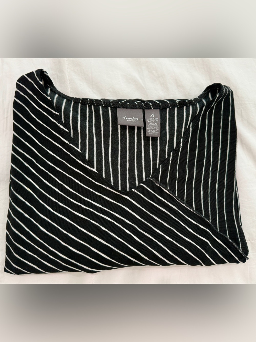 Travelers by Chico’s Black and White Striped V-Neck Top